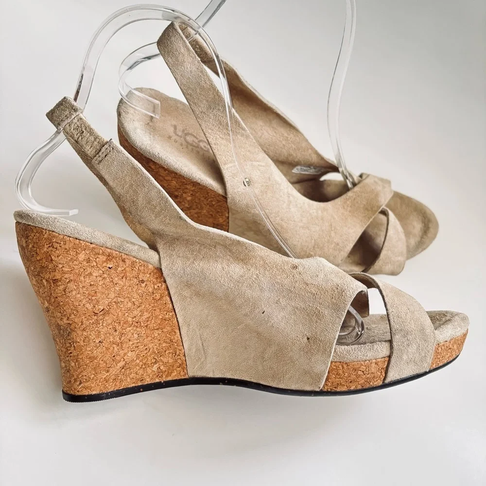 UGG Beige Suede Cork Sandals Wedge Platform Woman’s Shoe Size 9
